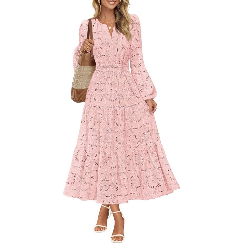 Women's Fall Long Sleeve Floral Maxi Dress Lace Eyelet Hollow Out Tiered Boho We